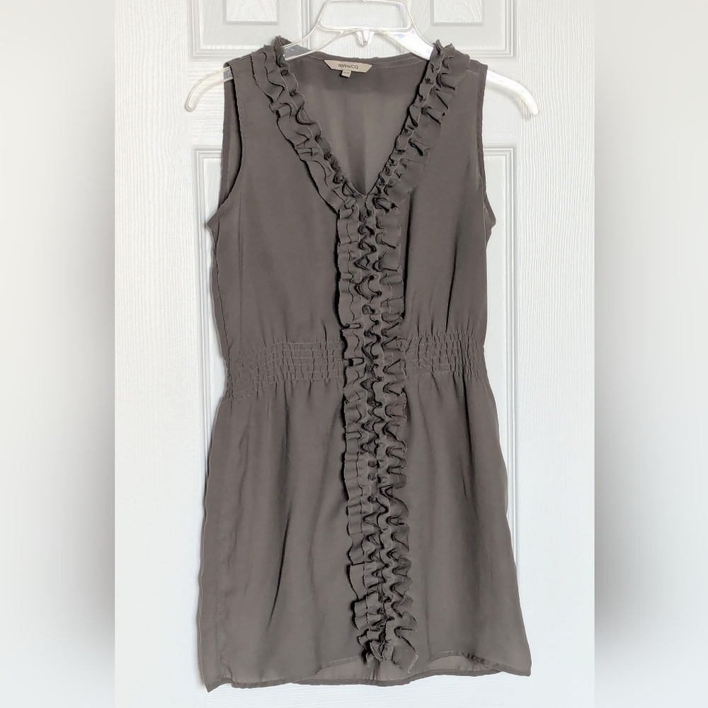 RW&CO Women's (XS) Olive Green Sheer Sleeveless Mini Dress/Blouse w/Ruffles